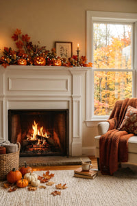 fond photo automne salon cosy cheminée citrouilles