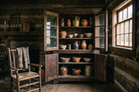 fond photo chalet rustique vintage vaisselier ambiance sombre