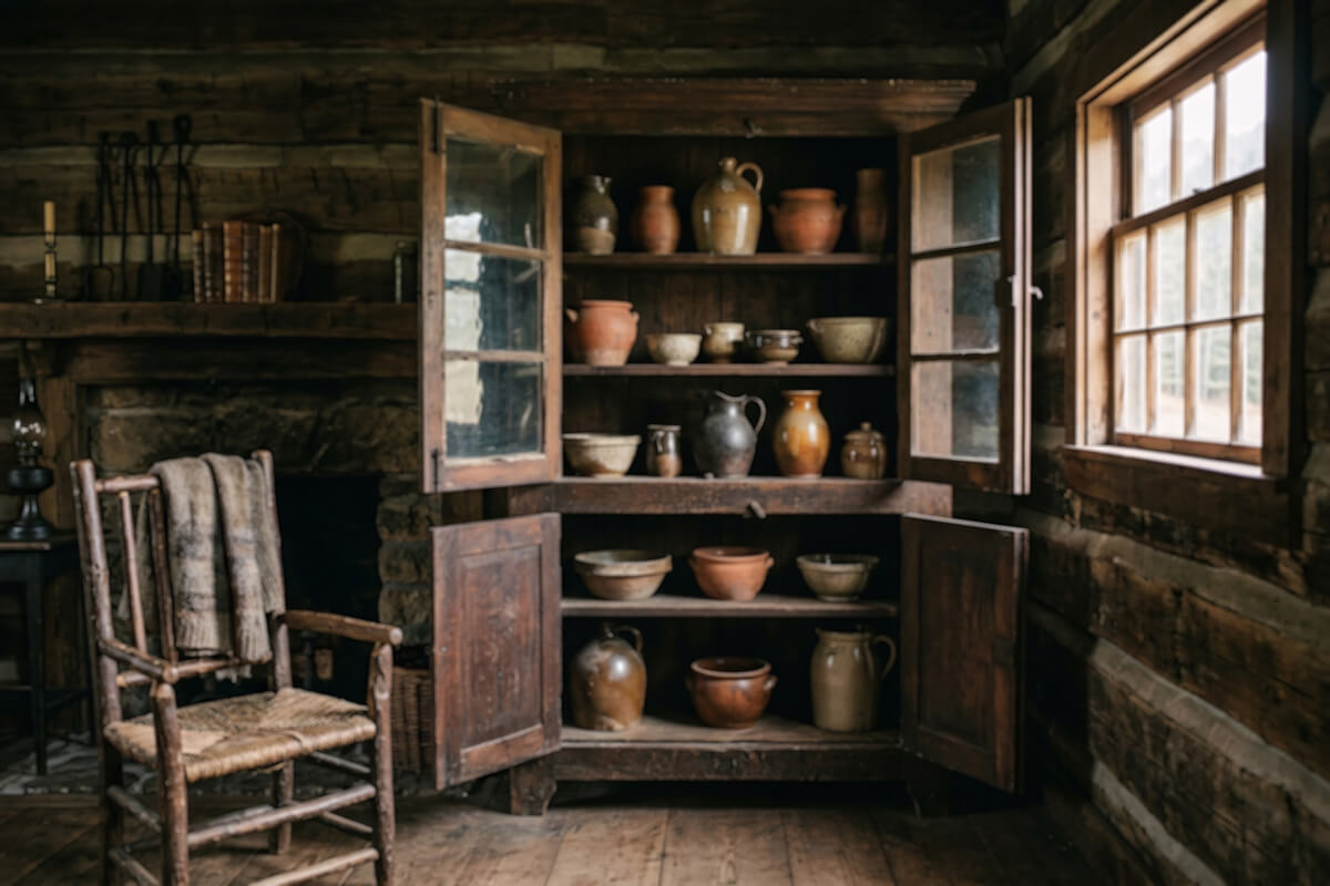 fond photo chalet rustique vintage vaisselier ambiance sombre
